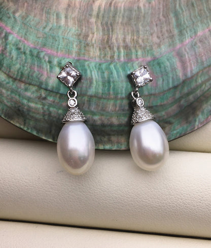 AAA 9mm White rice pearl cz stud earrings,zircon S925 Sterling Sliver pearl earrings,pearl for women for girl,SE3-046