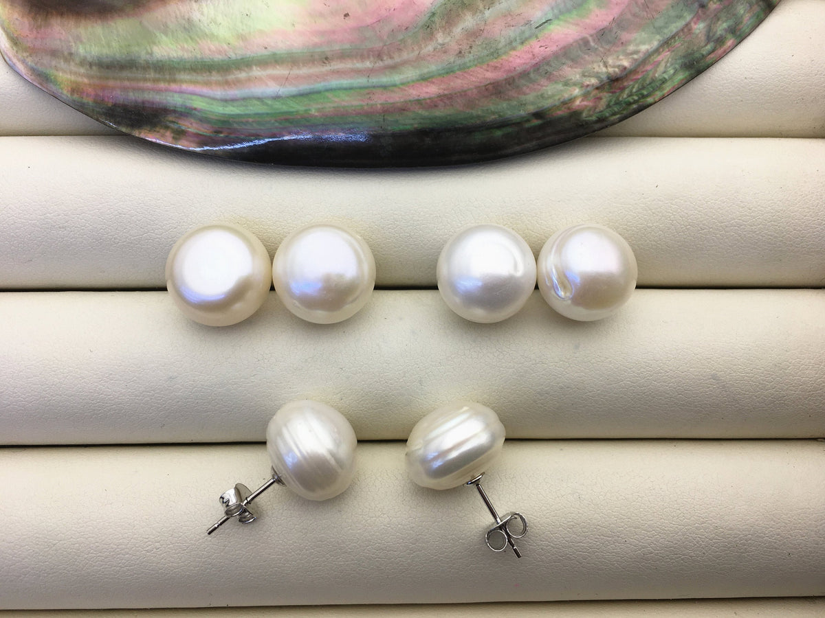 2 pairs AA 12-13mm white button round Pearl Stud Earrings,SE1-069-24