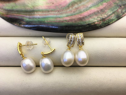 AAA 9mm White rice pearl cz stud earrings,S925 Sterling Sliver pearl earrings,pearl for women for girl,SE3-018