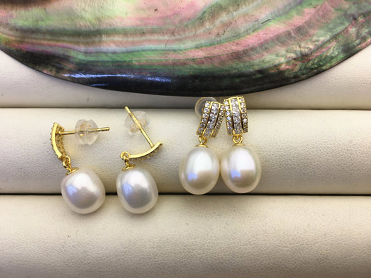 AAA 9mm White rice pearl cz stud earrings,S925 Sterling Sliver pearl earrings,pearl for women for girl,SE3-018