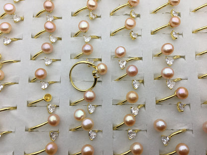 6pcs Gold Open AAA pink pearl ring,inexpensive engagement rings,fashion rings,fake diamond rings real pearls,inexpensive ring,R1-088-7