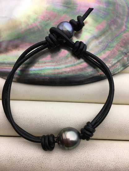 11-13mm big Single Drop Green Black Tahitian pearl Leather Cord bracelet,SELECT leather color, Pearl Leather bracelet,Le10-006