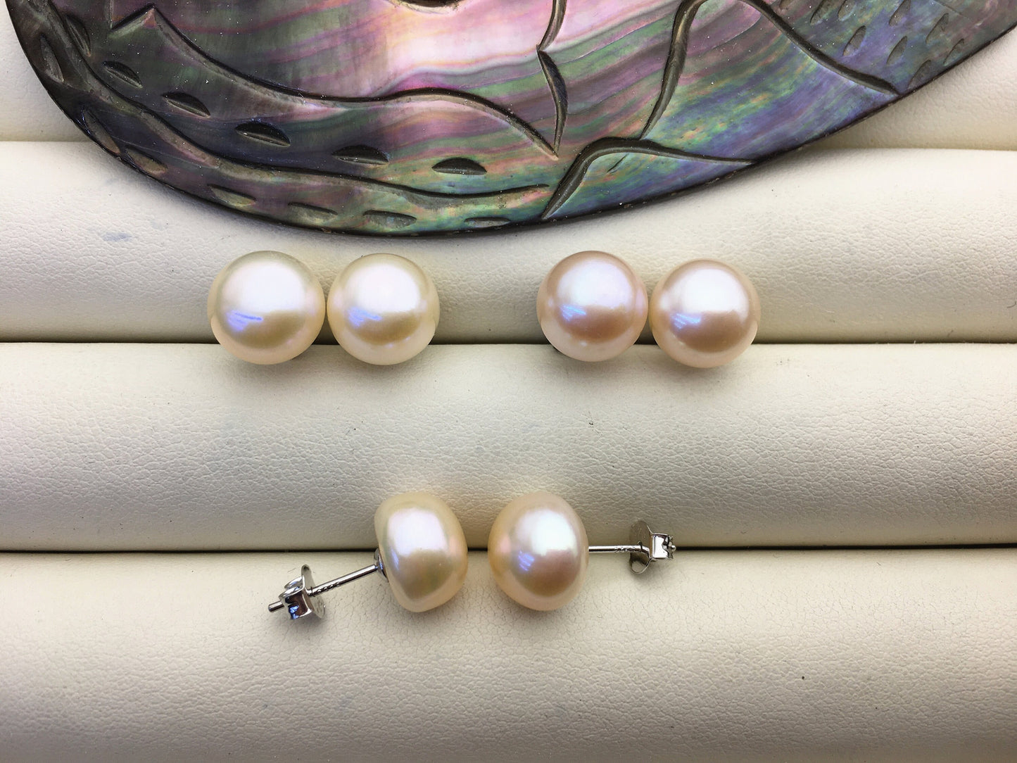 AAA 9.5-10mm light orange pink button round pearl stud earrings - SE1-T44