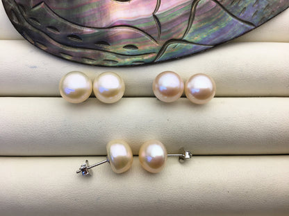 AAA 9.5-10mm light orange pink button round pearl stud earrings - SE1-T44