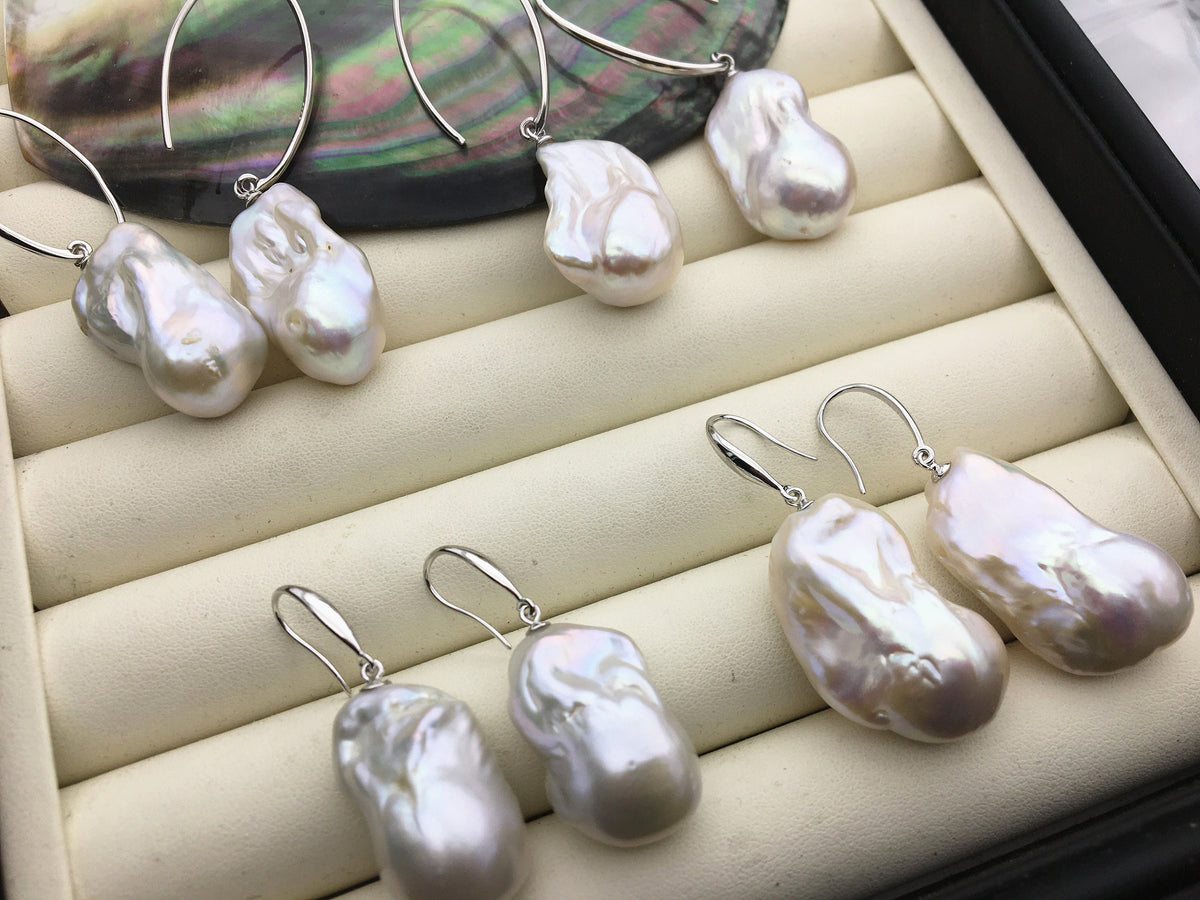 AAA/AA+ 14-18mmx22-28mm flame ball pearl dangle earrings,sterling silver,earring with white baroque Natural Pearl,SE3-069