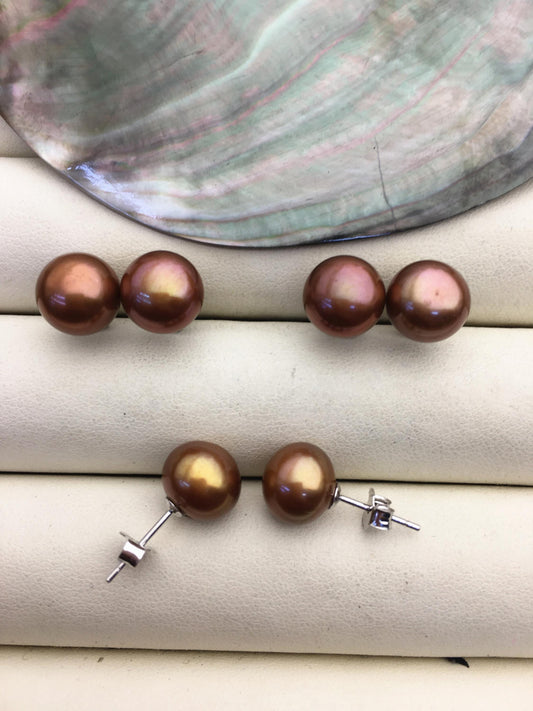 1 pair AAA 10-11mm Brown Button Round Pearl Stud Earrings,Sterling Silver,Wedding,classic pearl studs,SE1-T46