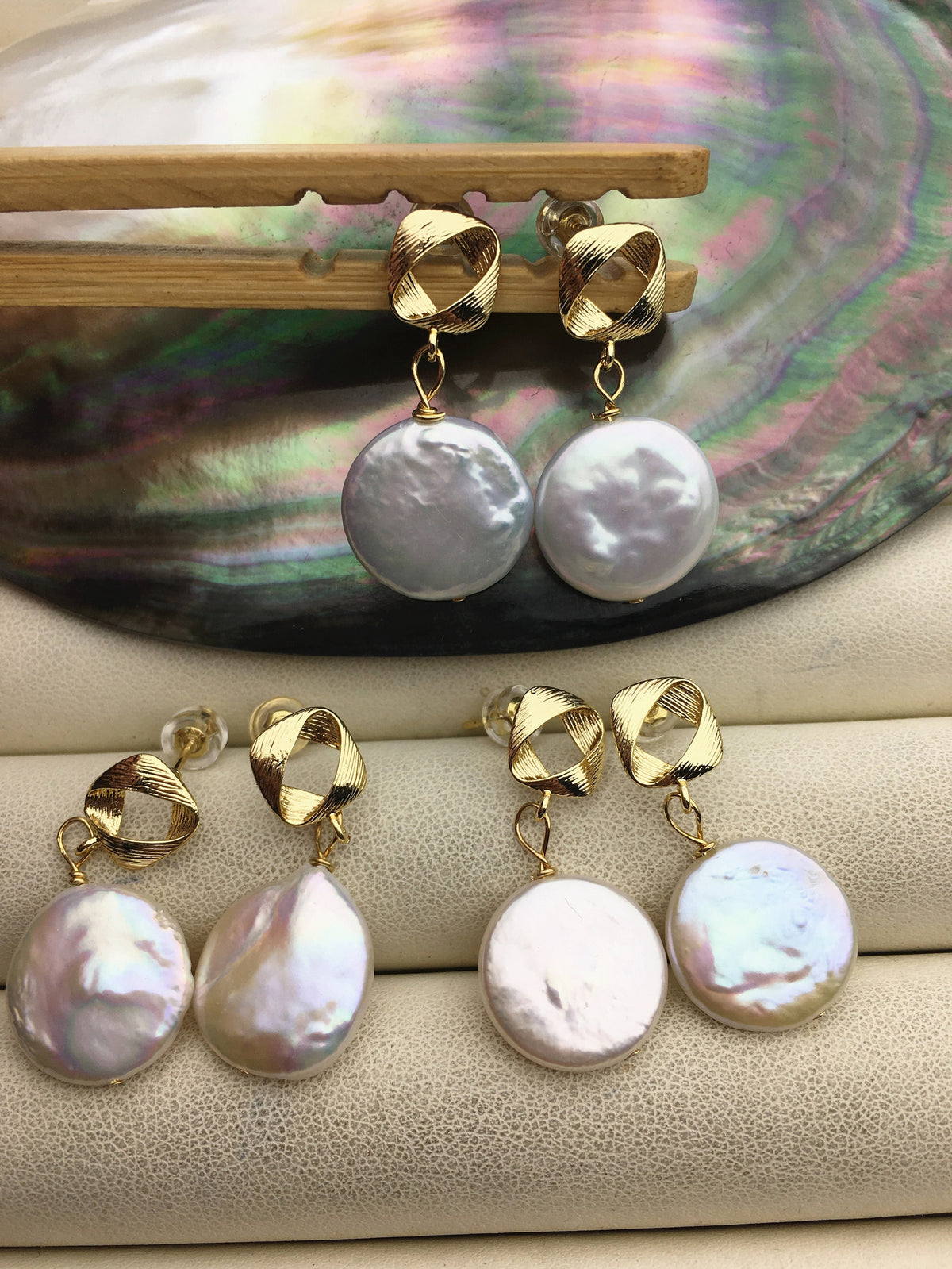 15-16mm big white coin freshwater pearl gold stud earrings,wedding pearl earrings,SE3-131-80