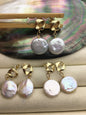 15-16mm big white coin freshwater pearl gold stud earrings,wedding pearl earrings,SE3-131-80