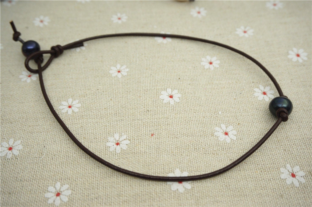 black pearl necklace,Freshwater pearl and leather necklace,Black pearl leather necklace,Pearl Choker,leather pearl necklace,Le1-016