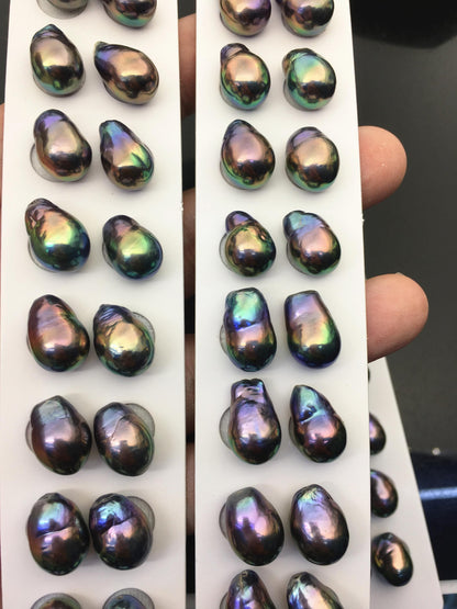 10pairs AAA 10-11mm Black Rainbow long baroque drop edison freshwater pearl Pair,top half hole,ED11-3A-2-29