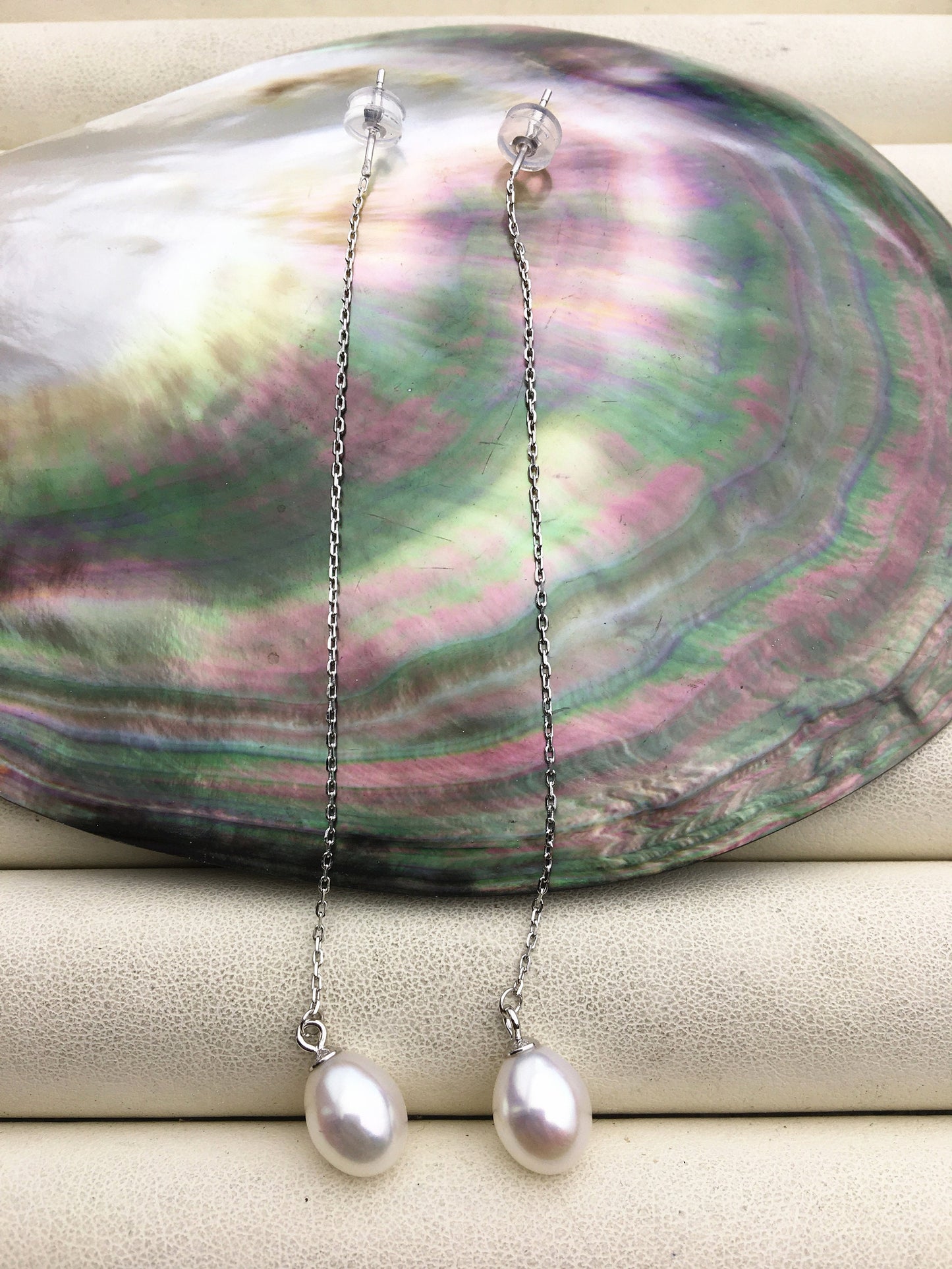 AAA White 8mm long rice pearl Tassels dangle earrings,S925 Sterling Sliver pearl earrings,pearl for women,SE3-026