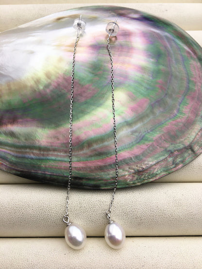 AAA White 8mm long rice pearl Tassels dangle earrings,S925 Sterling Sliver pearl earrings,pearl for women,SE3-026