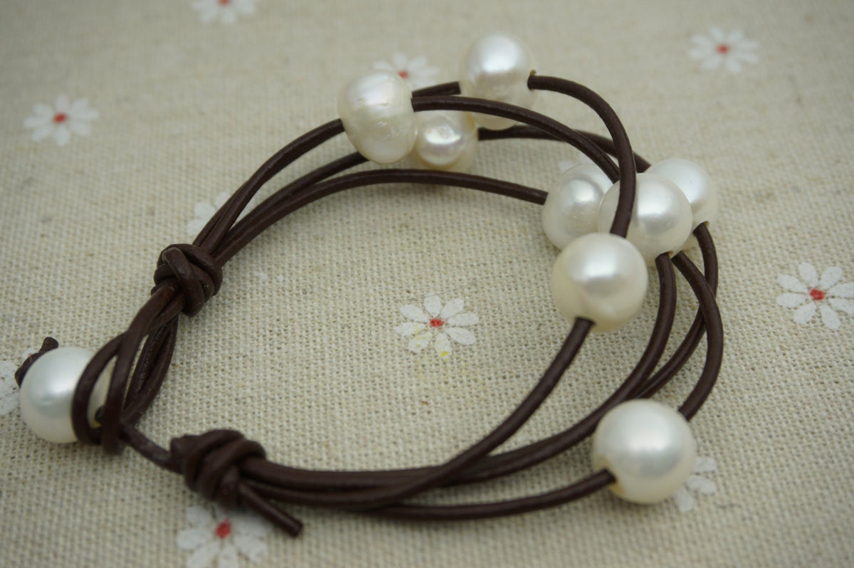 Leather Pearls Bracelet, Handmade Cuff,White Pearls on Brown Leather,Black leather bracelet,Le7-072