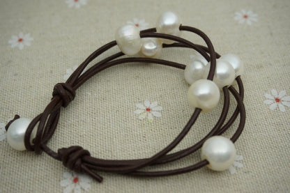 Leather Pearls Bracelet, Handmade Cuff,White Pearls on Brown Leather,Black leather bracelet,Le7-072