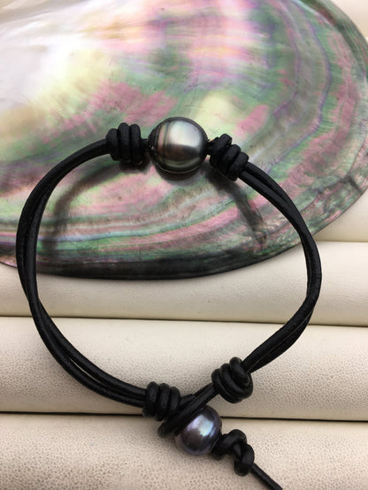 11-13mm big Single Drop Green Black Tahitian pearl Leather Cord bracelet,SELECT leather color, Pearl Leather bracelet,Le10-006