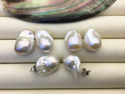 1 pair AAA 12-16mm flame ball pearl stud earrings,sterling silver,earring with white baroque Natural Pearl,SE3-031-4