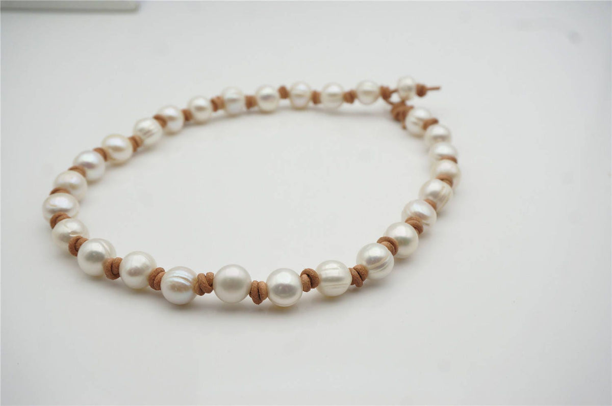 Big Potato Pearl and leather necklace,Genuine Freshwater Pearl Necklace,white pearl necklace,wholesale,Le5-008