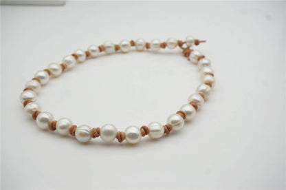 Big Potato Pearl and leather necklace,Genuine Freshwater Pearl Necklace,white pearl necklace,wholesale,Le5-008