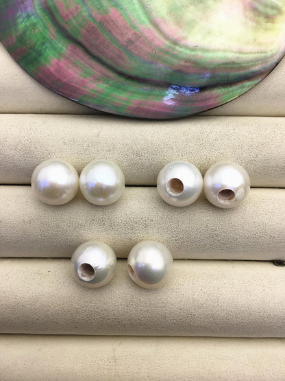 1 pair AA+ 12-13mm White round edison silver freshwater pearl Pair,4.0mm large hole half hole,ED11-3A-2-40