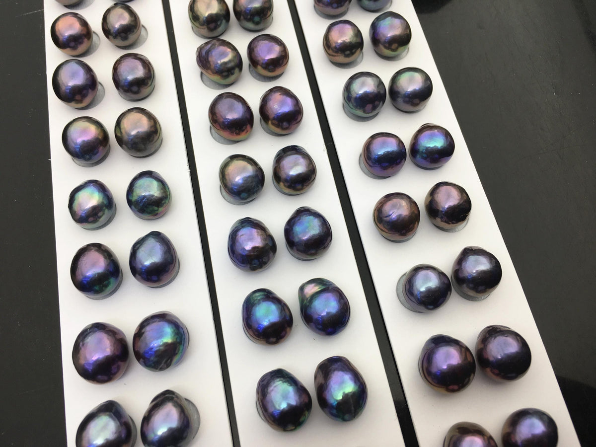10pairs AAA 11-12mm Black Blue Rainbow baroque drop edison freshwater pearl Pair,top half hole,ED11-3A-2-24