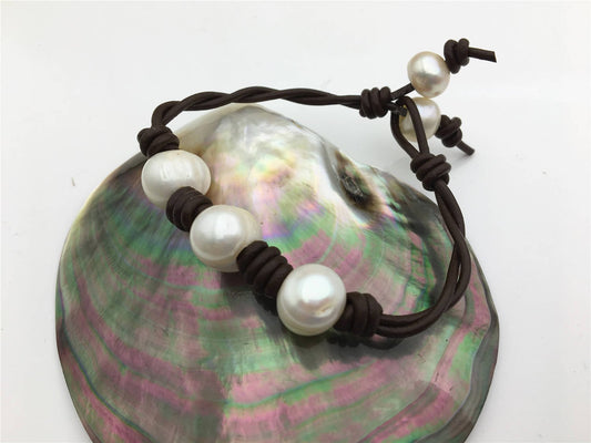 50% OFF 7.5 inches 12mm Big pearl twisted leather pearl bracelet, knotted freshwater pearl bracelet,Leather Pearls Bracelet,NPN1-032