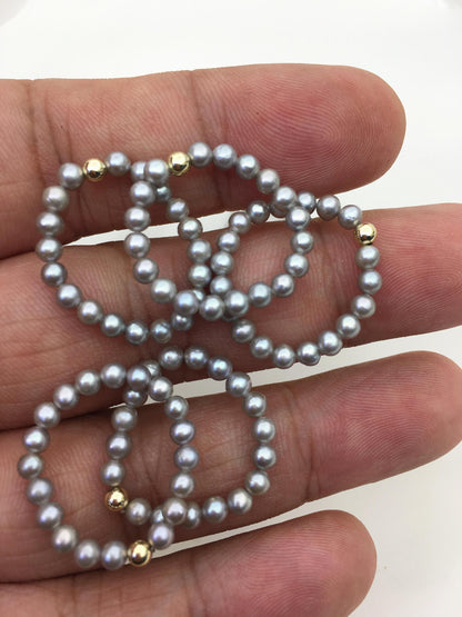 2pcs Fashion AAA 3-4mm tiny gray round pearl 14k goldfilled gold ball elastic ring,R1-025