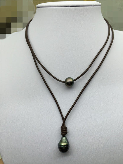 Tahitian Pearl Choker,Leather Necklace,High Luster pearl, Pearl Leather Necklace,Black Pearl,Black Leather Pearl necklace, BROWN,Le11-004