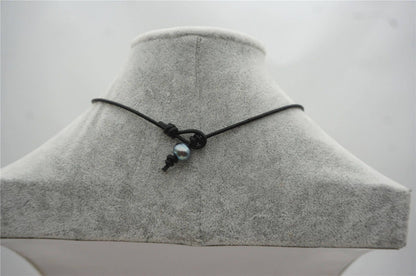 10-12mm Tahitian pearls hand rolled and knotted leather necklace, men or women choker, Black Leather Pearl necklace,Le11-025