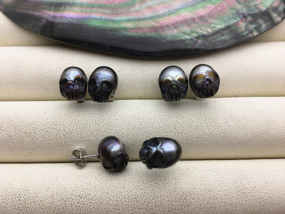 AAA 8mm/10mm white/pink/purple/black/gray HandMade Carved Skull Freshwater Pearl Stud Earrings,Stud Earrings for Women Girls,SE3-016