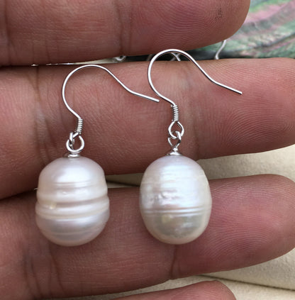 1 pair AA 12mm big white rice pearl dangle earrings,Sterling Silver,dangle pearl earrings,wedding earring,bridal,birthday,SE3-005