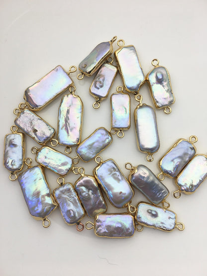 5pcs AA+ 9-11mm Gray block Pearl Double Bail Connector Charm with Gold Electroplated Edge for make Earrings bracelet necklace,EDG-018