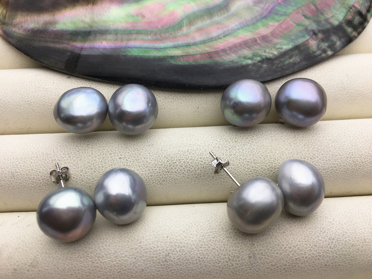 2 pairs AA+ 11.5-12.5mm big gray baroque round Pearl Stud Earrings,S925 sterling sliver,freshwater pearl earrings,Wedding,SE1-069-17