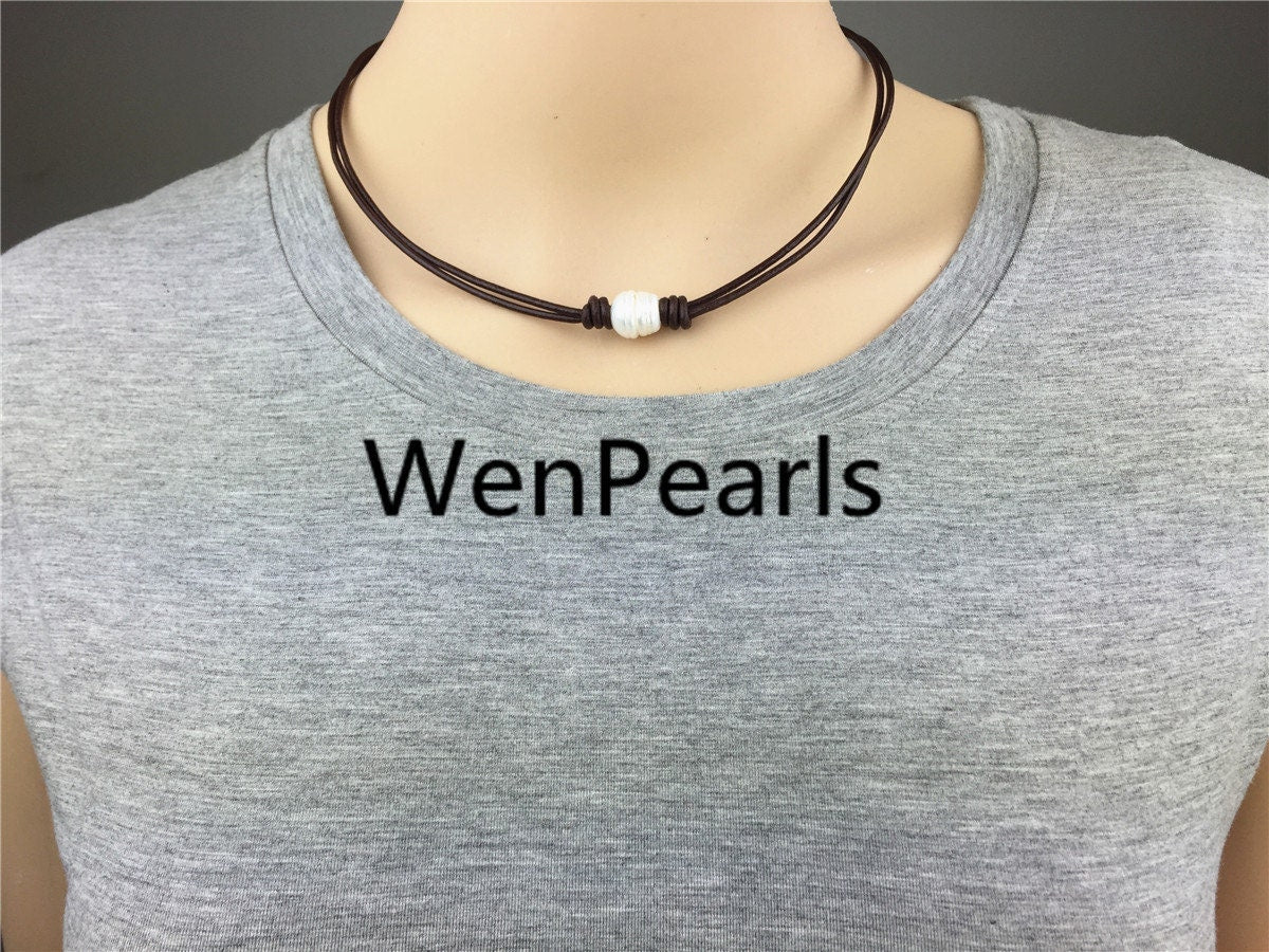 Leather Rice Pearl Choker, Pearl Leather Necklace, bracelet,White Freshwater pearl, Birthday, Black Leather Pearl necklace, BROWN,Le1-051