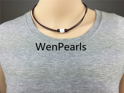 Leather Rice Pearl Choker, Pearl Leather Necklace, bracelet,White Freshwater pearl, Birthday, Black Leather Pearl necklace, BROWN,Le1-051