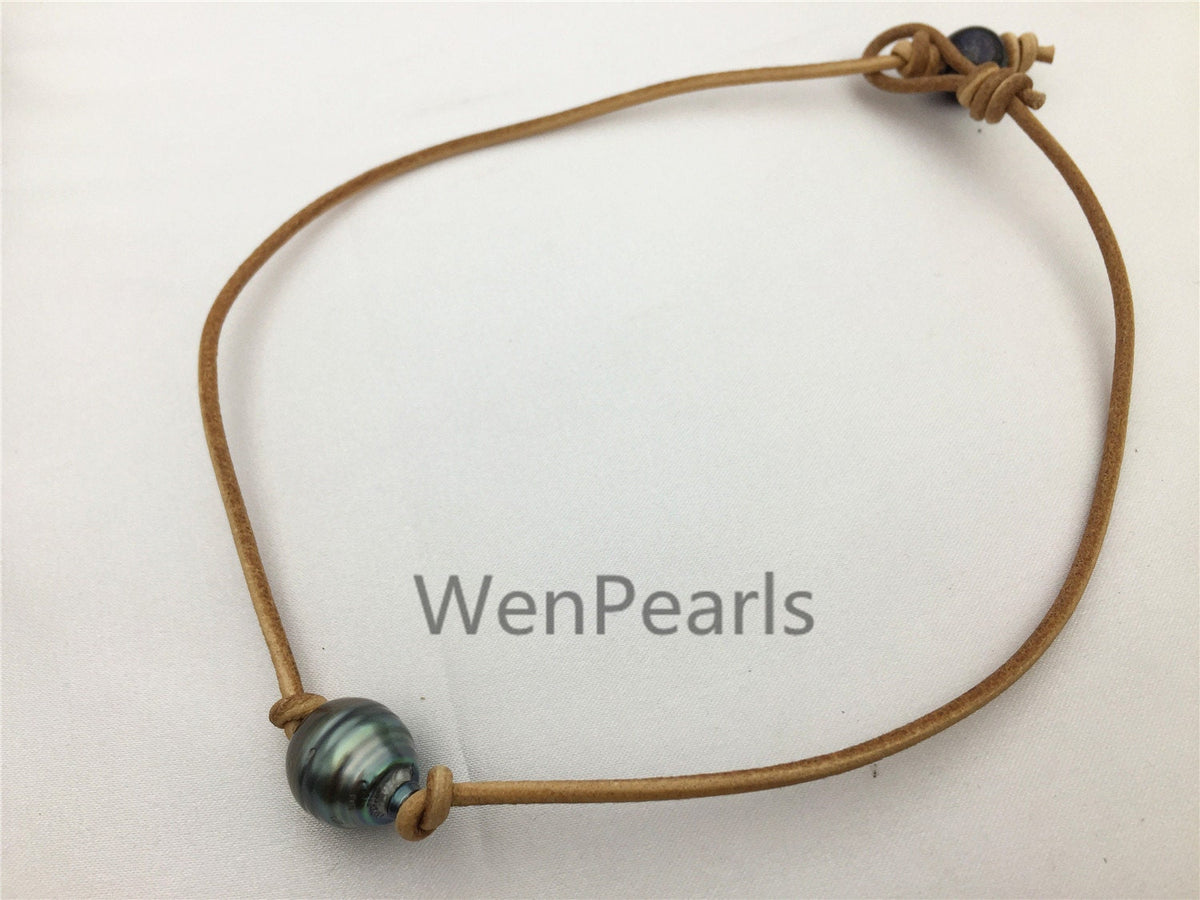 11-13mm big Tahitian Pearl Choker,Leather Necklace,High Luster pearl,Pearl Leather Necklace,tahitian bracelet,Le11-015