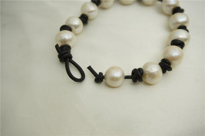 11mm big pearl bracelet,Leather Pearls Bracelet, Handmade Cuff,White Pearls on Brown Leather,Black leather bracelet,Le7-031