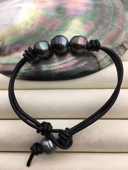 Big Three Drop Green Black Tahitian pearl Leather Cord bracelet,SELECT leather color, Pearl Leather bracelet,Le10-001