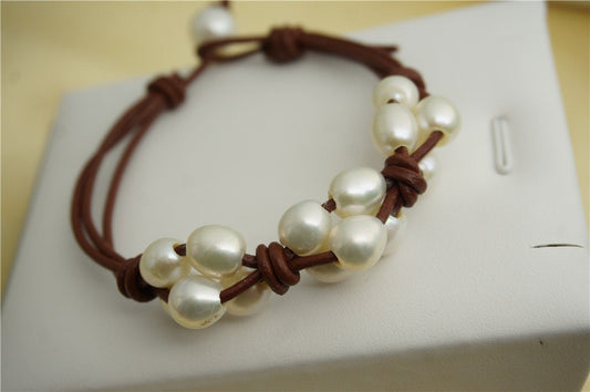 Rice white pearl leather necklace,twisted leather pearl bracelet, knotted freshwater pearl bracelet,Leather Pearls Bracelet,Le7-060