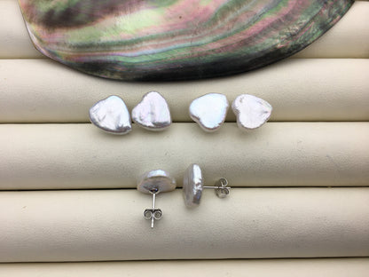 AAA 10-12mm white heart pearl stud earrings,sterling silver,earring with white baroque Natural Pearl,SE3-T31