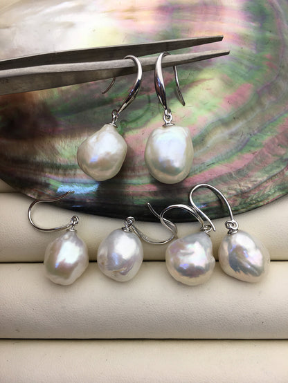1 pair AA+ 12-14mm white baroque drop edison pearl dangle earrings,S925 Sterling Sliver earrings,wedding pearl earrings,SE3-T9-21