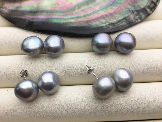 2 pairs AA+ 11.5-12.5mm big gray baroque round Pearl Stud Earrings,S925 sterling sliver,freshwater pearl earrings,Wedding,SE1-069-17
