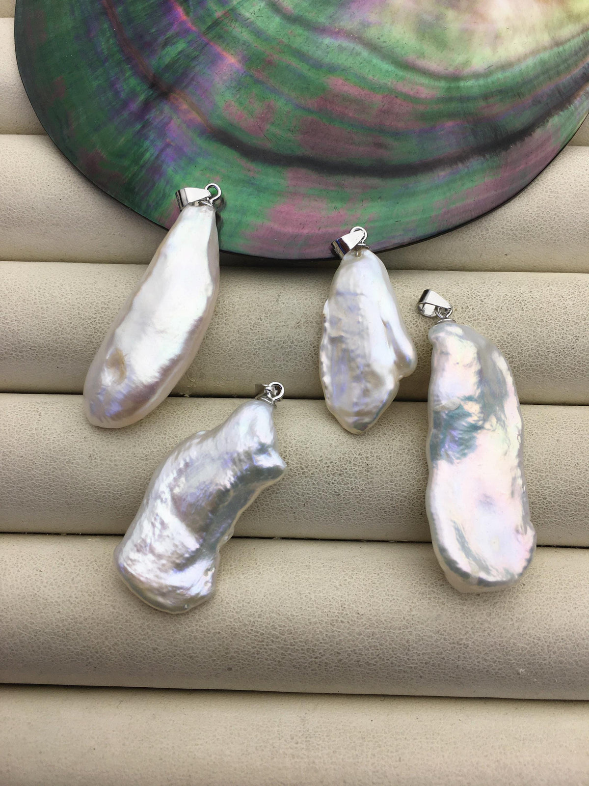 2pcs AAA 13-15mm Big White Keshi Biwa Baroque freshwater pearl pendant,NC1-T36