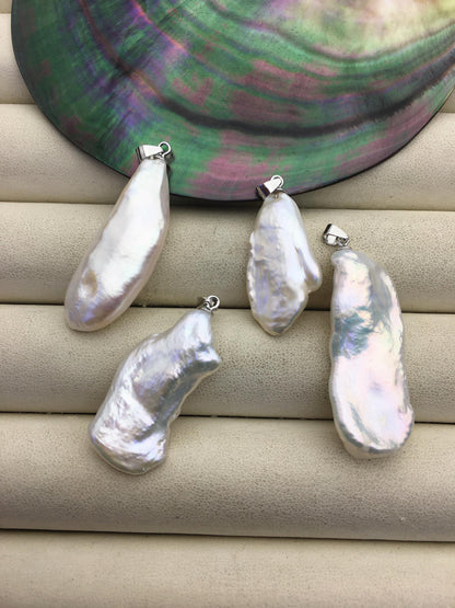 2pcs AAA 13-15mm Big White Keshi Biwa Baroque freshwater pearl pendant,NC1-T36