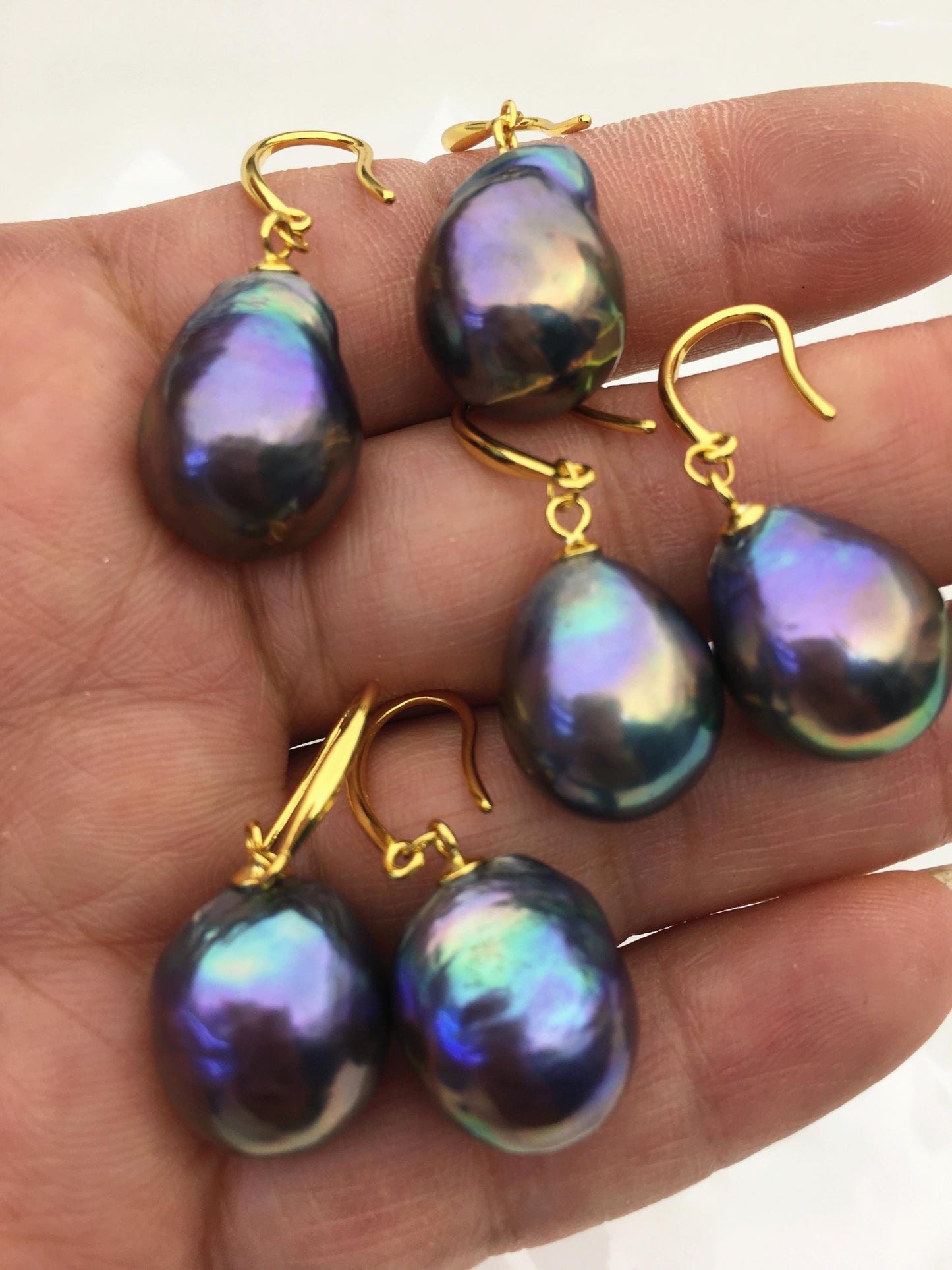 AAA 12-14mm black rainbow drop edison freshwater pearl dangle earrings,gold sterling sliver dangle earrings,SE3-T9-14