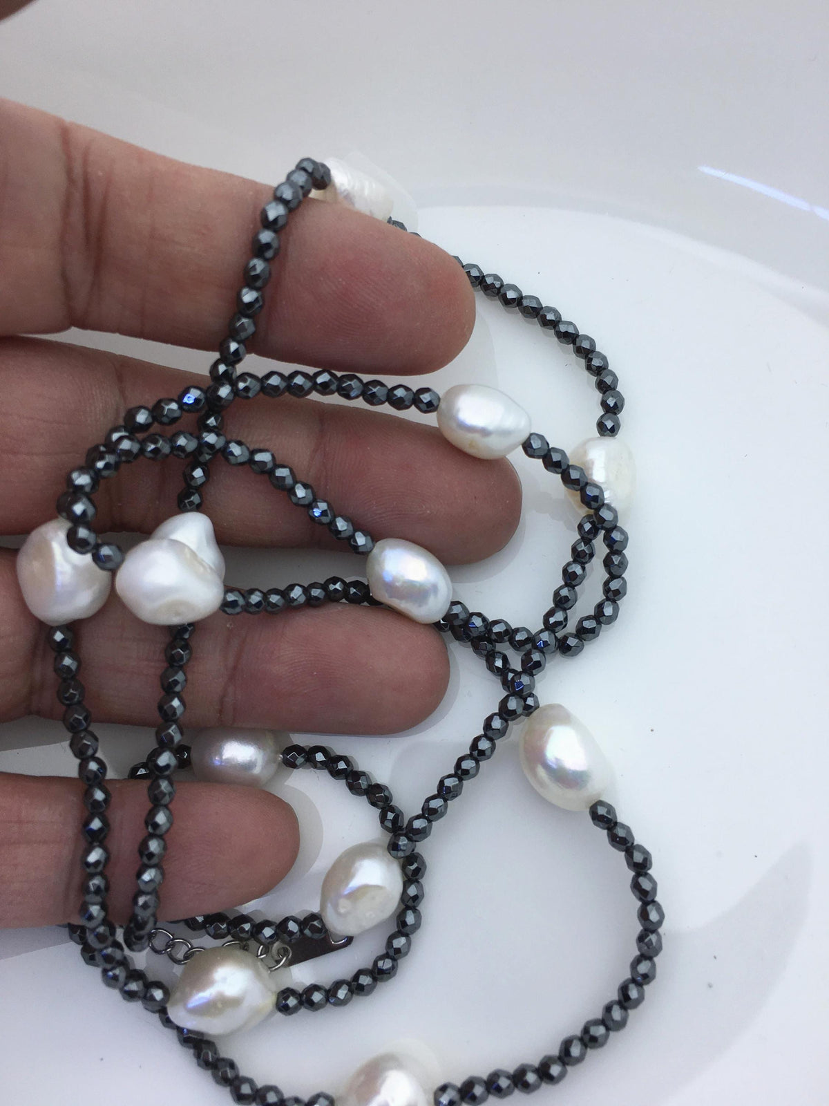 32'' AAA 10-11mm white nugget pearl black Hematite Necklace,NPN1-T25