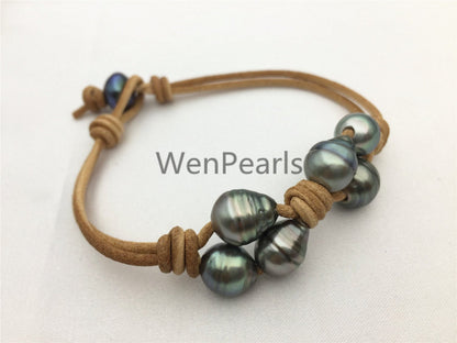 Fashion,Tahitian pearl bracelet,High Luster pearl,Pearl Leather bracelet,tahitian pearl bracelet,Black Leather bracelet,Le10-003
