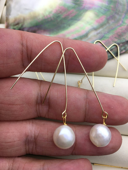 1 pair White 11mm big nugget freshwater pearl dangle earrings,wedding pearl earrings,SE3-131-1
