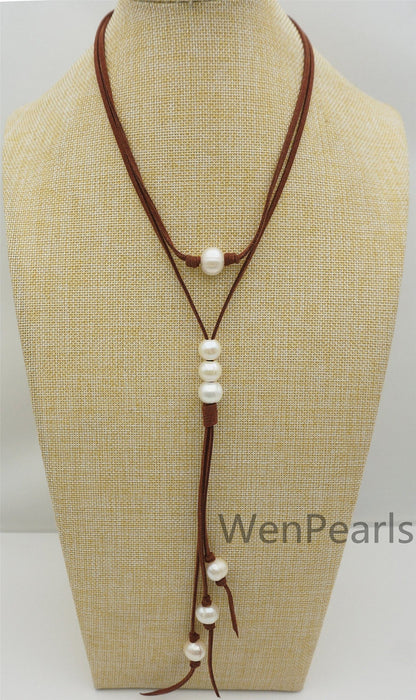 Big white pearl leather necklace,Long length necklace,jewelry gift for her,handmade pearl necklace,pearl necklace,necklace,Le4-048