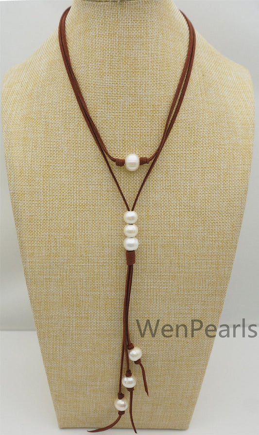 Big white pearl leather necklace,Long length necklace,jewelry gift for her,handmade pearl necklace,pearl necklace,necklace,Le4-048