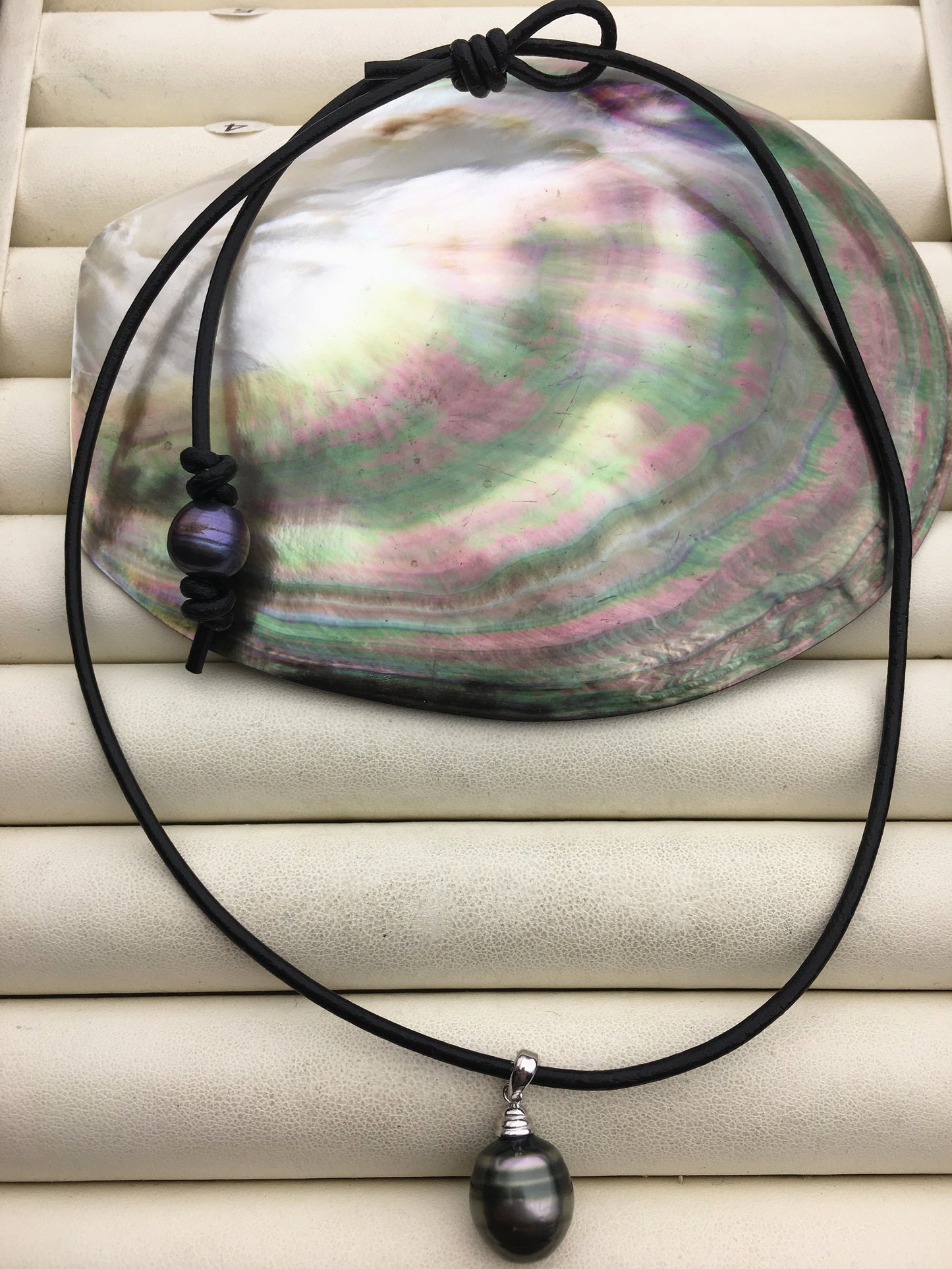 18'' 11-12mm big Tahitian Pearl Necklace,Black Leather necklace, S925 sterling silver pendant necklace,NPN1-004